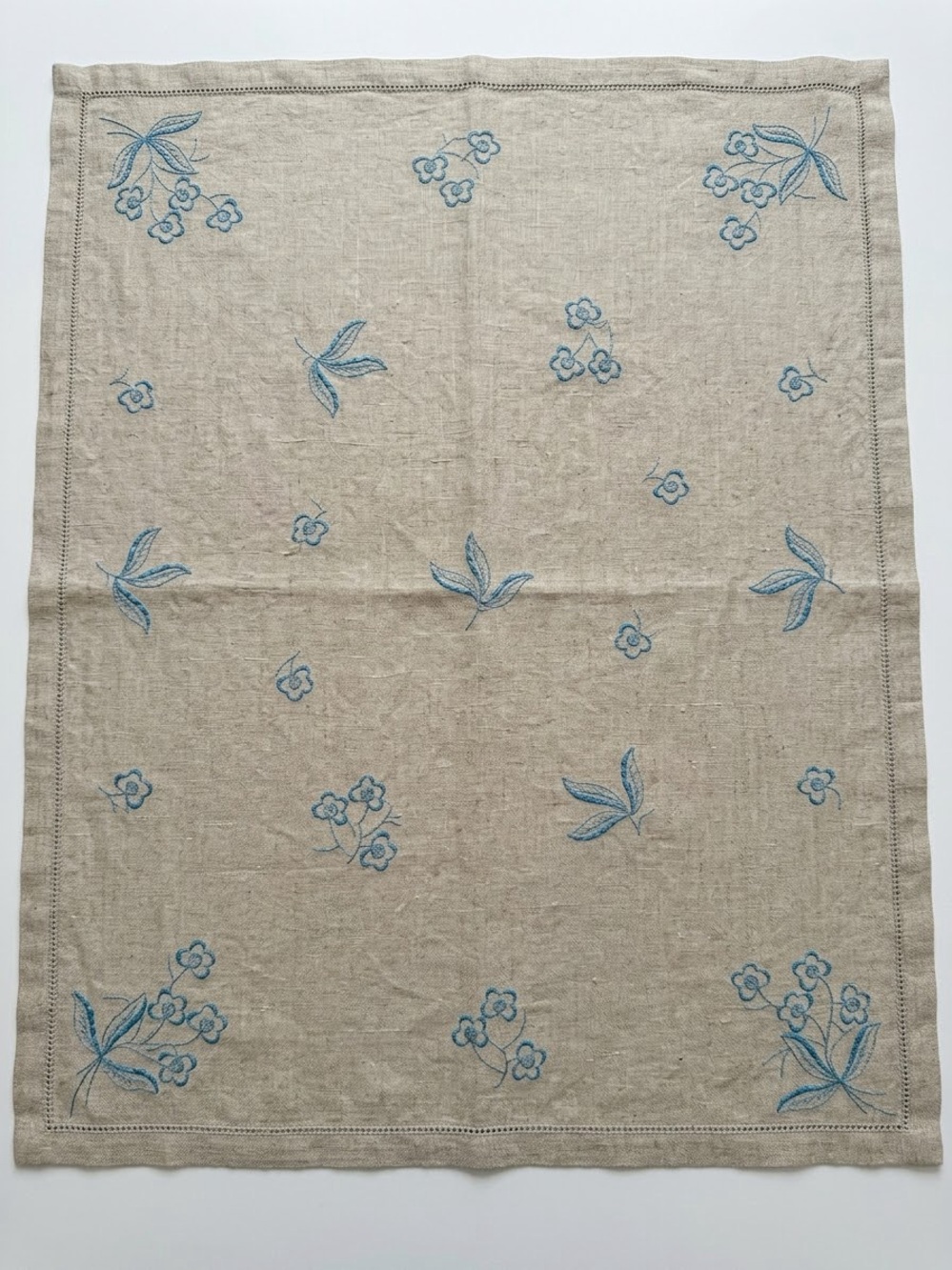 Natural Flax Linen Tablecloth Embroidered Blue Floral 64x80 EUC